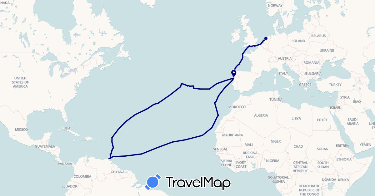 TravelMap itinerary: driving in Belgium, Spain, France, United Kingdom, Grenada, Saint Lucia, Martinique, Netherlands, Portugal, Trinidad and Tobago, Saint Vincent and the Grenadines, Venezuela (Europe, North America, South America)